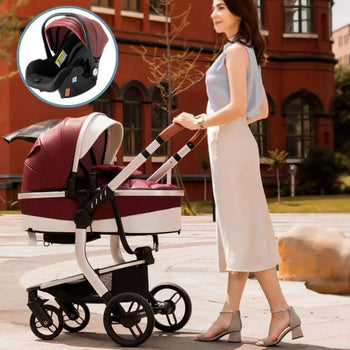 Maman poussant une poussette 3 en 1 en cuir PU bordeaux en extérieur – style et praticité au quotidien