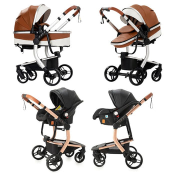 Poussette 3 en 1 en cuir PU en plusieurs configurations – nacelle, siège auto et mode assis