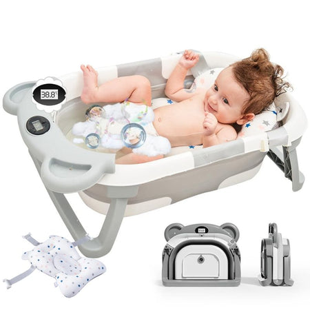 Baignoire bébé pliable avec affichage numérique - Modèle gris avec thermomètre intégré et design pratique.