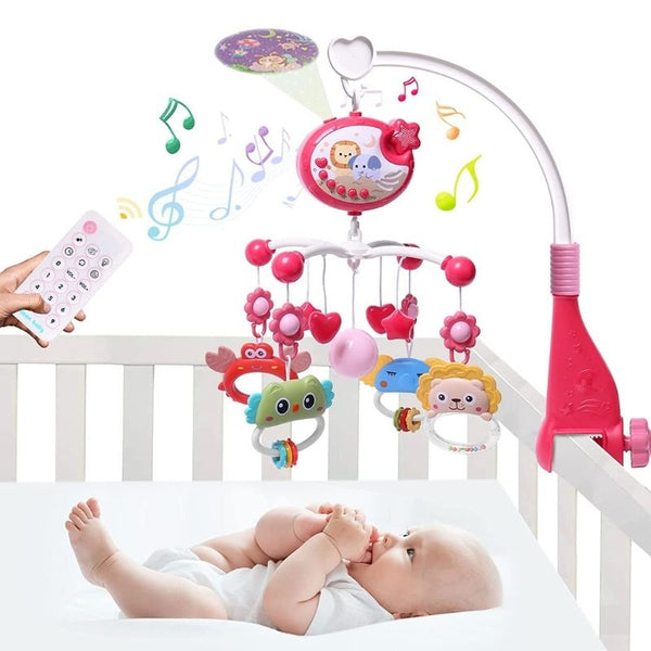Mobile bébé musical et lumineux BabyShine avec télécommande et projection étoilée. Modèle Rose.