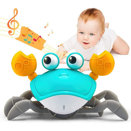 Jouet Crabe Bébé avec design amusant et ergonomique et un bébé qui le contemple derrière.