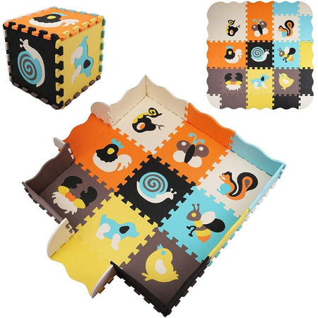 Tapis Puzzle bébé transformé en cube amusant avec des motifs animaux.