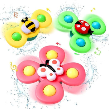 Spinner Bébé en forme d'abeille, papillon et coccinelle, avec un fond d'eau éclaboussée et des notes musicales.