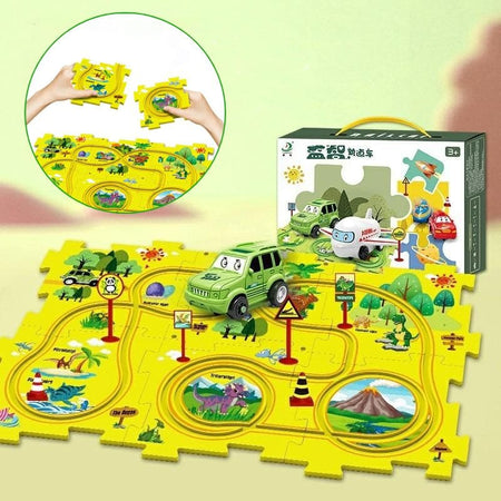 Boîte et pièces du Circuit voiture Puzzle, prêtes à être assemblées pour des heures de jeu.