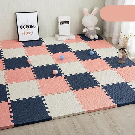 Variante Bleu-Blanc-Rose du tapis d'éveil bébé pour une chambre d'enfant colorée.