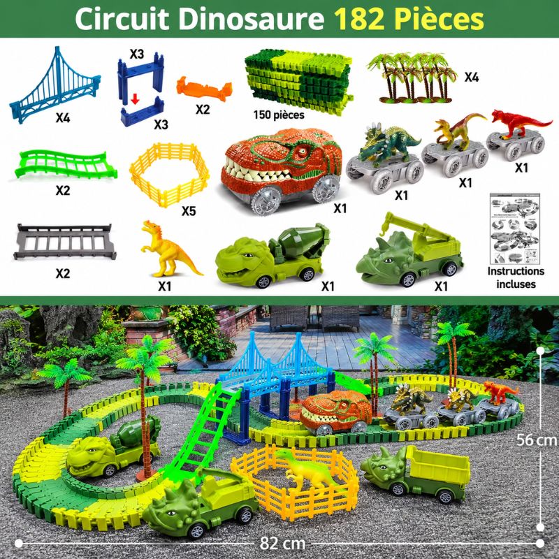 Coffret jouet avec piste verte, voitures et dinosaures sur un fond panoramique – Circuit Looping – Camions Dinosaure pour Enfants - Cocon d’Ange