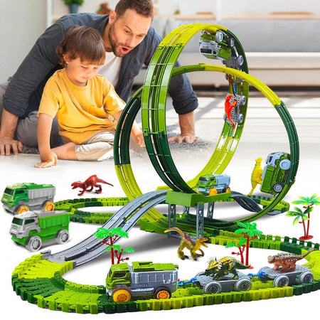 Circuit Looping avec rails et véhicules sur fond blanc – Camions Dinosaure pour Enfants - Cocon d’Ange