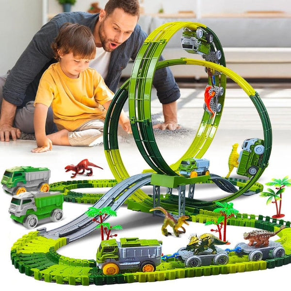 Circuit Looping avec rails et véhicules sur fond blanc – Camions Dinosaure pour Enfants - Cocon d’Ange