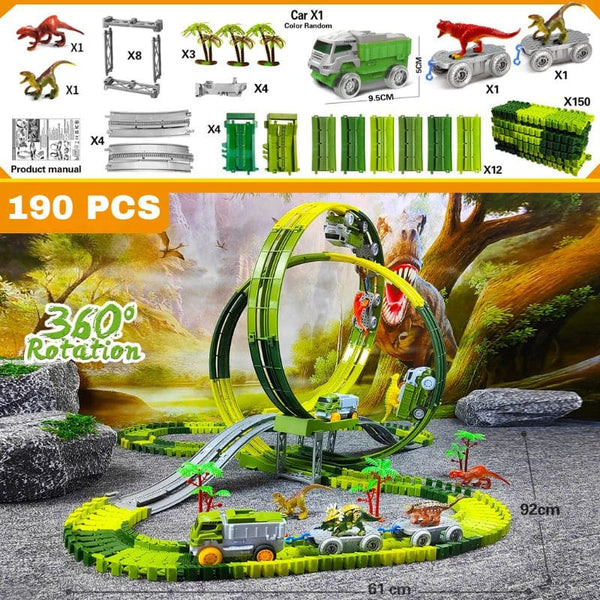 Circuit avec dinosaures et accessoires sur fond de paysage préhistorique – Circuit Looping – Camions Dinosaure pour Enfants - Cocon d’Ange