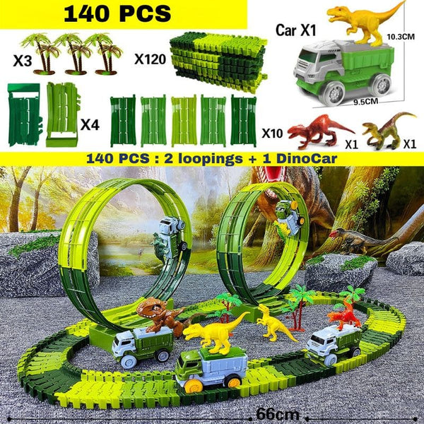 Coffret jouet avec piste verte, voitures et dinosaures sur un fond panoramique – Circuit Looping – Camions Dinosaure pour Enfants - Cocon d’Ange