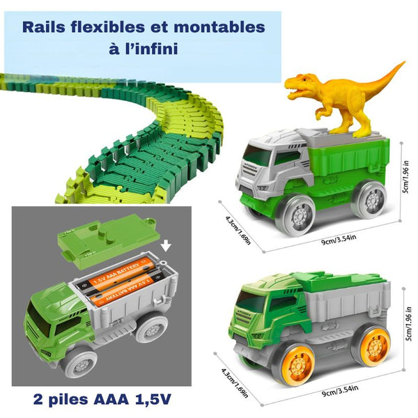 Camion benne jouet avec dinosaure sur le dessus, pistes flexibles vertes et dimensions indiquées sur fond blanc – Circuit Looping – Camions Dinosaure pour Enfants - Cocon d’Ange