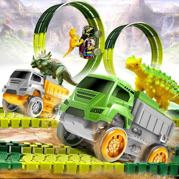 Camions jouets et dinosaures sur un circuit avec un décor de montagne – Circuit Looping – Camions Dinosaure pour Enfants Cocon d’Ange