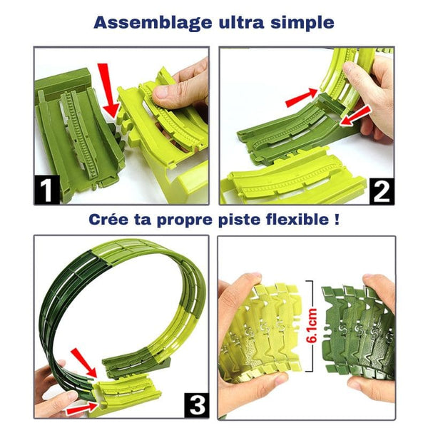Instructions pour assembler un circuit flexible avec des pièces vertes, montrant le processus étape par étape – Circuit Looping – Camions Dinosaure pour Enfants - Cocon d’Ange