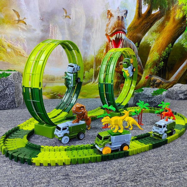 Circuit Looping dinosaure avec véhicules et figurines dans une scène préhistorique – Camions Dinosaure pour Enfants - Cocon d’Ange