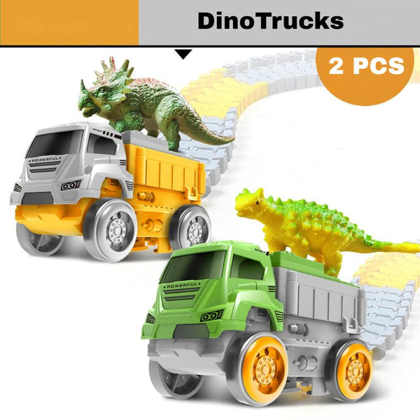 Deux camions-bennes jouets avec figurines de dinosaures sur fond blanc, étiquetés DinoTrucks – Circuit Looping – Camions Dinosaure pour Enfants - Cocon d’Ange