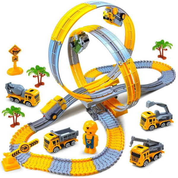 Circuit Looping avec doubles loopings et camions jouets sur piste modulaire - Camions de Chantier pour Enfants - Cocon d’Ange.