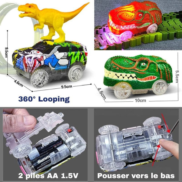 Voitures miniatures avec figurines de dinosaures et dimensions affichées – circuit voiture dinosaure.