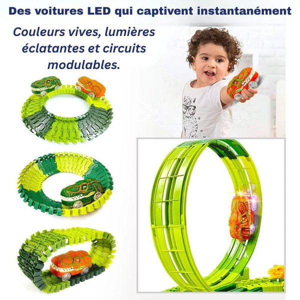 Circuit voiture dinosaure avec voitures et enfant tenant une voiture, aux couleurs vives et effet lumineux instantané.