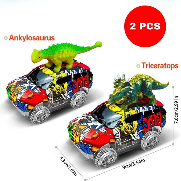 Deux voitures miniatures avec figurines de dinosaures – Ankylosaure et Tricératops – accompagnées de leurs dimensions affichées – circuit voiture dinosaure.