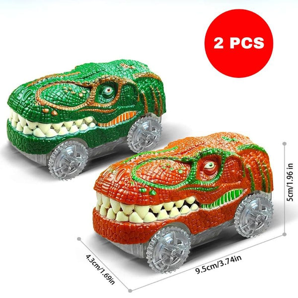 Deux voitures Tyrex, une verte et une orange, avec dimensions visibles – circuit voiture dinosaure.