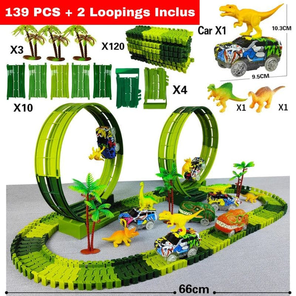 Circuit voiture dinosaure de 139 pièces avec voitures et dinosaures sur fond gris.