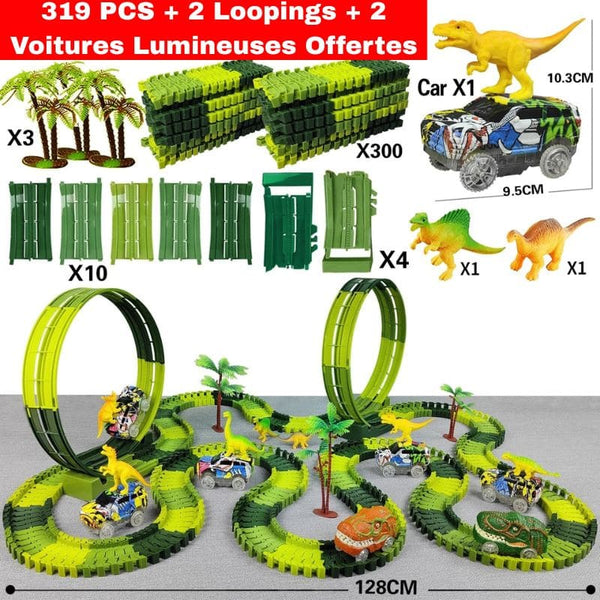 Circuit voiture dinosaure de 319 pièces avec dinosaures et palmiers sur fond blanc.
