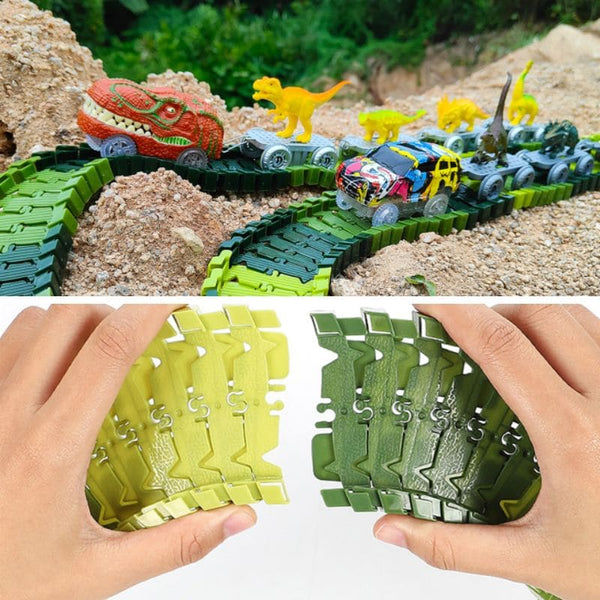 Circuit Voiture Dinosaure avec figurines de dinosaures, voitures et sable, suivi de mains tenant des pistes vertes.