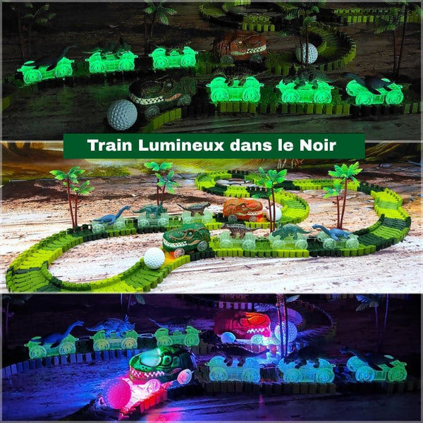 Train dinosaure sur un Circuit Voiture Dinosaure lumineux dans un décor sombre.