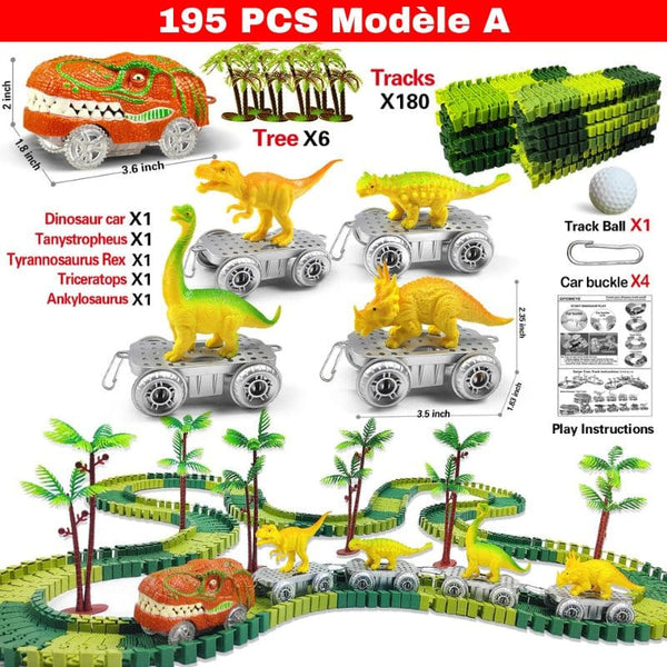 Set de jouet dinosaure avec piste, arbres et dinosaures sur fond blanc (Circuit Voiture Dinosaure – 195 pcs modèle A).