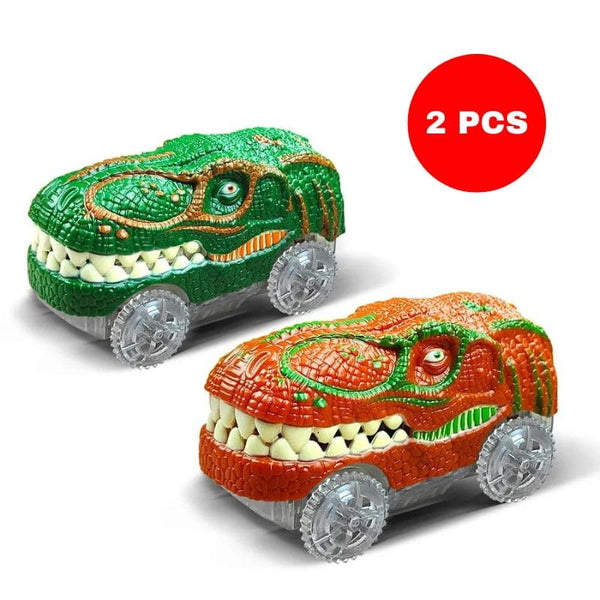 Deux voitures-jouets en forme de crocodile sur fond blanc avec cercle rouge "2 PCS" (Accessoires Circuit Voiture Dinosaure).