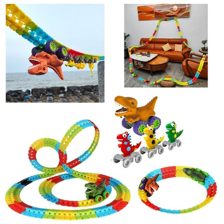 Piste de jeu colorée avec figurines de dinosaures dans différents décors – Circuit Voiture Dinosaure Suspendu - Cocon d'Ange.