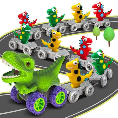 Voitures-jouets dinosaures colorées sur une piste avec fond blanc – Circuit Voiture Dinosaure Suspendu - Cocon d'Ange.