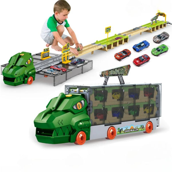 Camion dinosaure transporteur avec circuit et voitures, joué par un enfant sur fond blanc – Circuit Voiture Enfant - Cocon d'Ange.