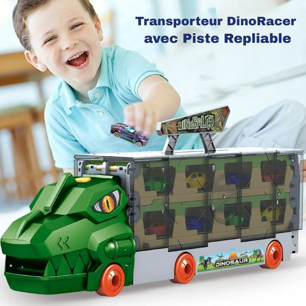 Enfant jouant avec un camion dinosaure transporteur et son circuit sur une surface blanche – Circuit Voiture Enfant - Cocon d'Ange.