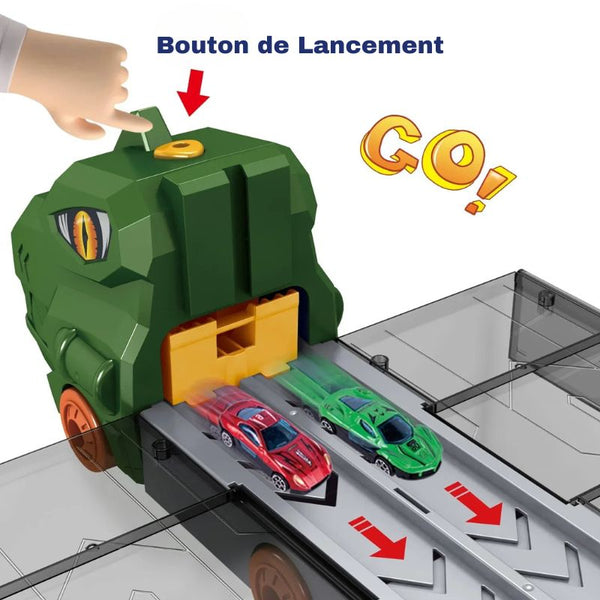 Dinosaure jouet avec bouton de lancement propulsant des voitures sur une piste – Camion Dinosaure Transporteur – Circuit Voiture Enfant - Cocon d'Ange.