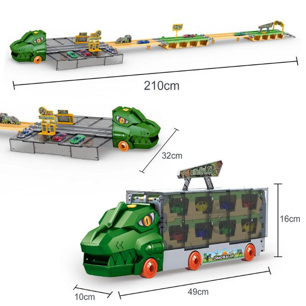 Circuit dinosaure avec piste et dimensions indiquées sur fond blanc – Camion Dinosaure Transporteur – Circuit Voiture Enfant. - Cocon d'Ange.
