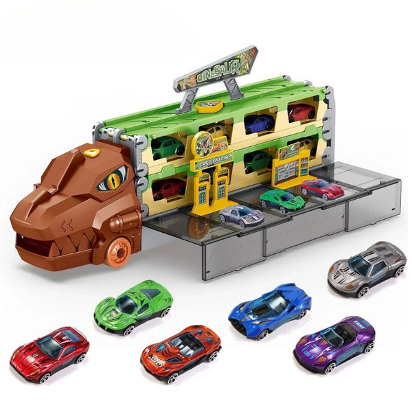 Dinosaure jouet avec remorque transparente transportant des voitures miniatures sur fond blanc – Camion Dinosaure Transporteur – Circuit Voiture Enfant. - Cocon d'Ange.
