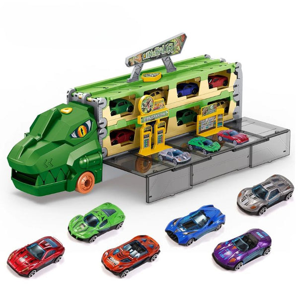 Dinosaure jouet avec garage intégré et plusieurs voitures sur fond blanc – Camion Dinosaure Transporteur – Circuit Voiture Enfant. - Cocon d'Ange.