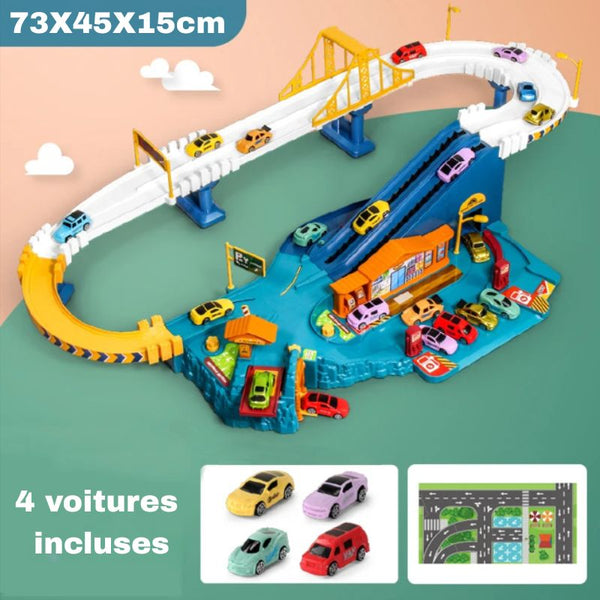 Circuit Voiture Enfant avec pont jaune et rampes blanches sur fond vert, avec 4 petites voitures et un tapis de jeu. Circuit Voiture Enfant pont suspendu