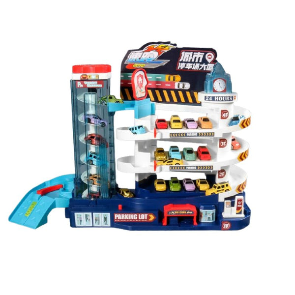 Garage Interactif pour enfants avec ascenseur transparent et plusieurs voitures colorées sur fond blanc