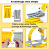Instructions pour l'assemblage d'un système de rails flexibles avec des composants jaunes et gris d'un Circuit Voiture Enfant.