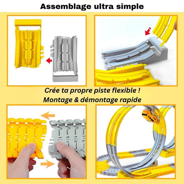 Instructions pour l'assemblage d'un système de rails flexibles avec des composants jaunes et gris d'un Circuit Voiture Enfant.