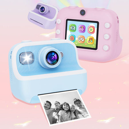 Deux appareils photo numériques pour enfants, un bleu et un rose, avec une photo d'enfants sur fond rose - Appareil Photo Enfant Impression Instantanée Sans Encre