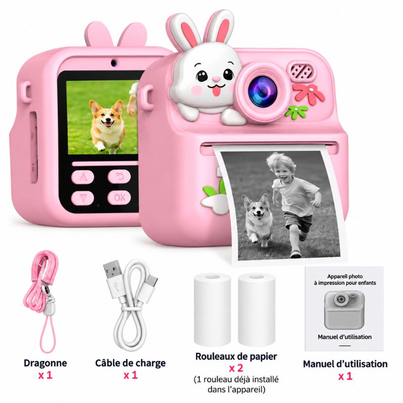 Appareil photo instantané AnimoCam lapin rose avec dragonne, câble de charge et deux rouleaux de papier - Cocon d'Ange