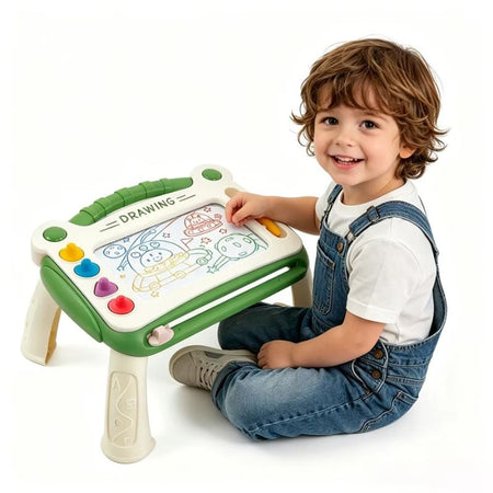 Enfant dessinant avec l'ardoise magnétique DoodlePad verte sur pieds avec stylet et tampons colorés - Cocon d'Ange