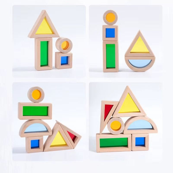 Quatre exemples de constructions réalisées avec les blocs en bois LumiBlocks et leurs panneaux colorés - Cocon d'Ange
