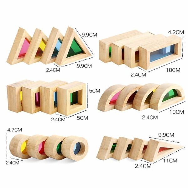 Les six formes des blocs LumiBlocks et leurs dimensions, quatre pièces par forme pour un total de 24 - Cocon d'Ange