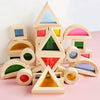 Ensemble des blocs LumiBlocks en bois : triangles, arches, cylindres, cubes et rectangles à panneaux colorés - Cocon d'Ange