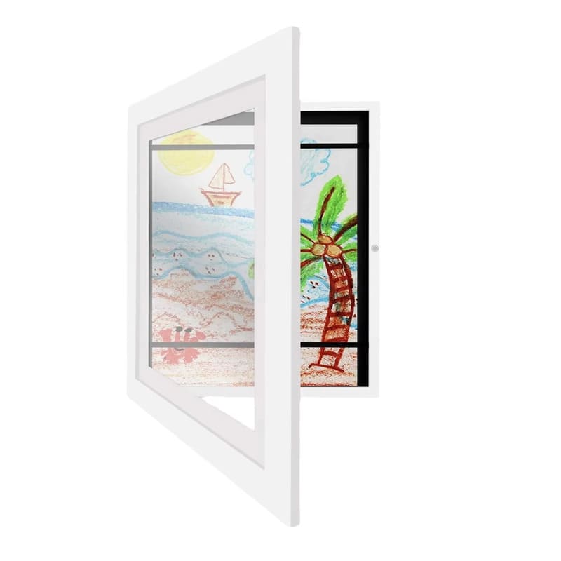 Cadre à dessins ArtFrame blanc à façade ouvrante, plusieurs dessins rangés à l'intérieur - Cocon d'Ange