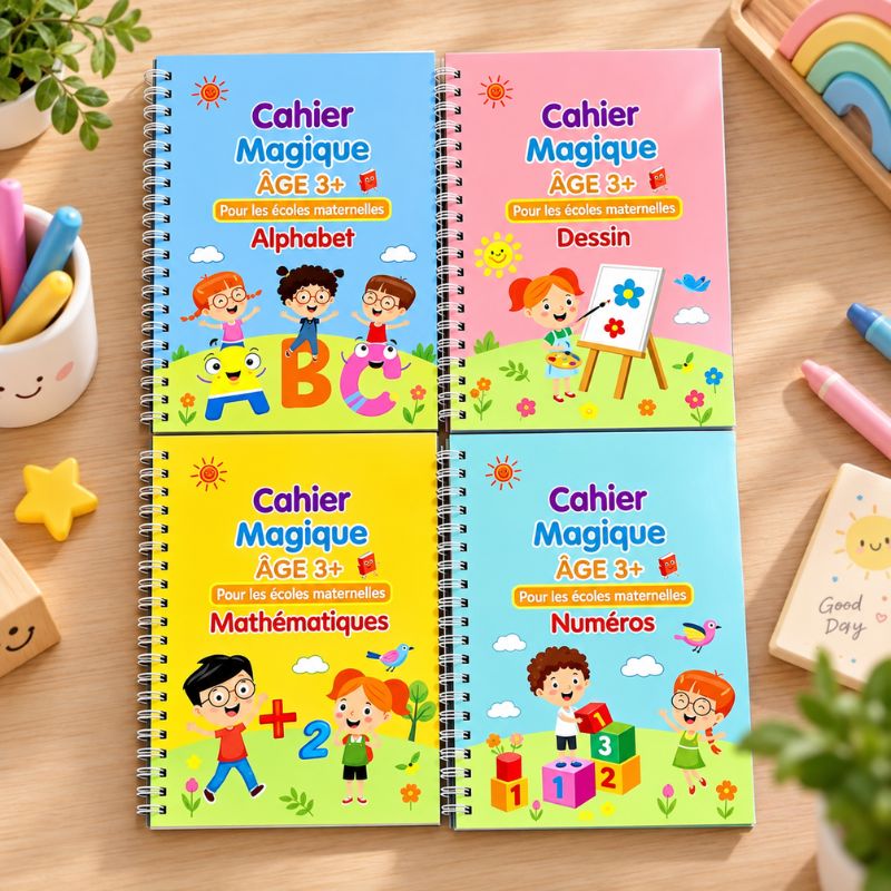 Quatre cahiers d'apprentissage WriteSpark colorés sur le dessin, l'alphabet, les mathématiques et les nombres - Cocon d'Ange